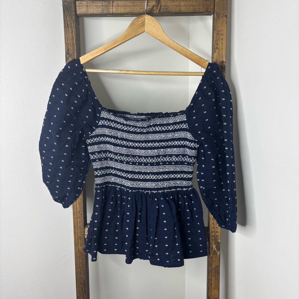 Crown & Ivy Navy Blue Smocked Blouse M